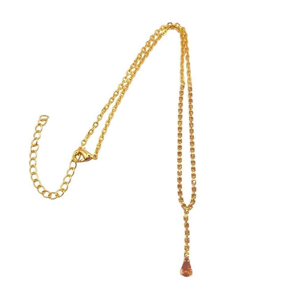 Gold Copper Rhinestone Tear Drop Pendant Necklace Wedding Jewelry